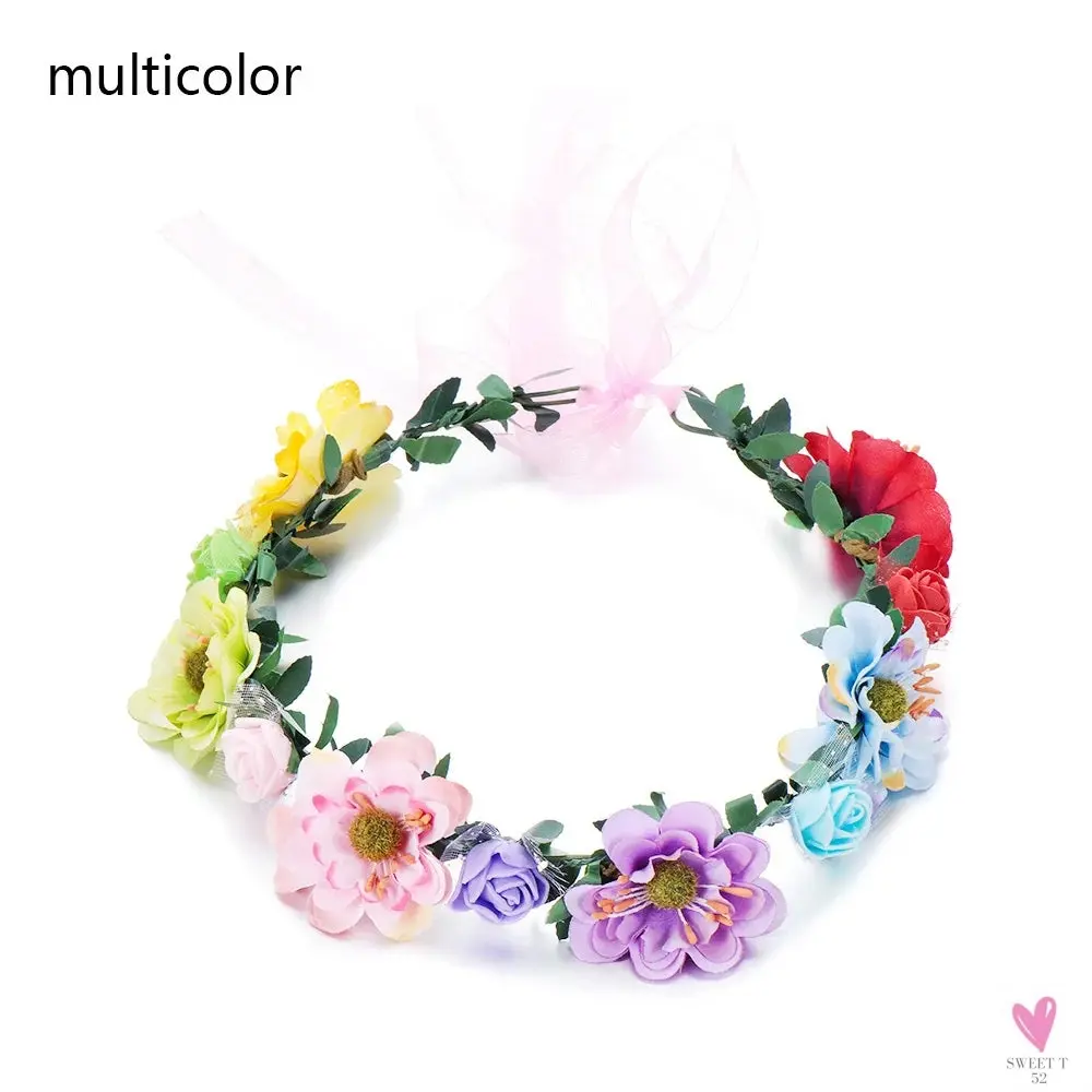 Rustic Wedding/Bridesmaid Hair Accessories - 1 pc Women's Floral Wreath, Pink Rose Flower Garland Headpiece with Adjustable Ribbon