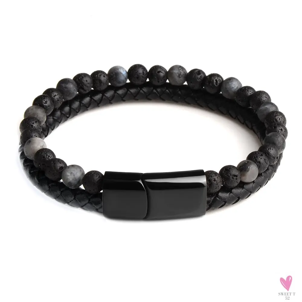 Round/Natural Stone/Genuine Leather/Tiger Eye Beads Bracelet for Men and Women with Magnetic Stainless Steel Clasp