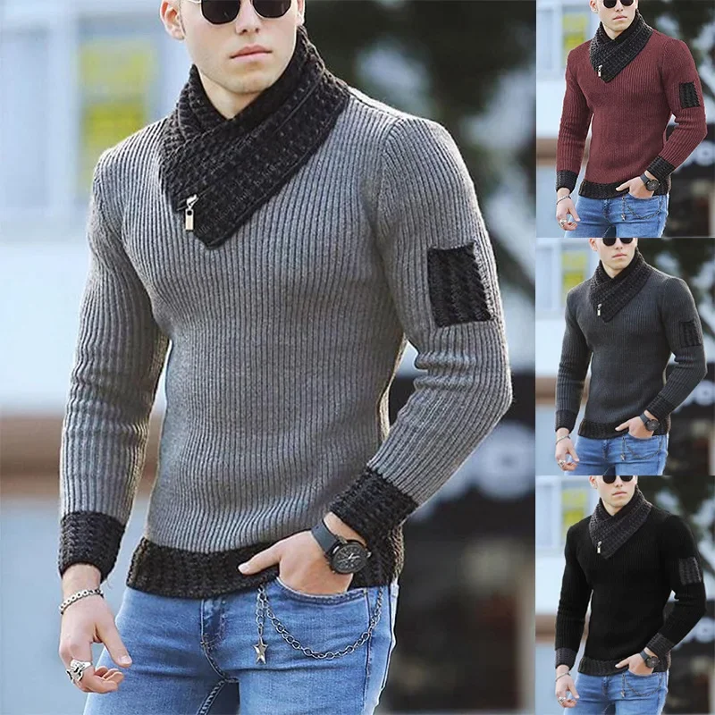 Men's High Collar Long Sleeve Sweater, Trendy Color-Block Knitted Shirt, Casual Wear, Comfortable and Soft