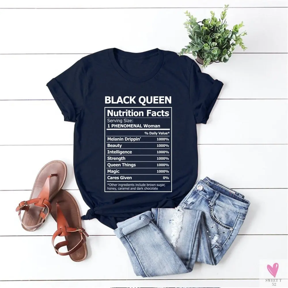 Black Queen Nutritional Facts T-Shirt for Women & Girls, Graphic Melanin T-Shirts