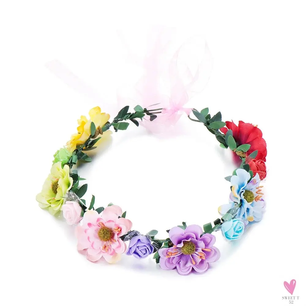 Rustic Wedding/Bridesmaid Hair Accessories - 1 pc Women's Floral Wreath, Pink Rose Flower Garland Headpiece with Adjustable Ribbon