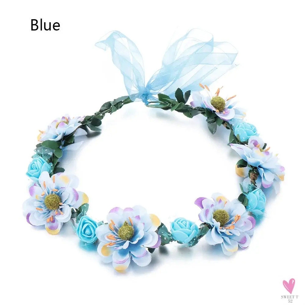 Rustic Wedding/Bridesmaid Hair Accessories - 1 pc Women's Floral Wreath, Pink Rose Flower Garland Headpiece with Adjustable Ribbon