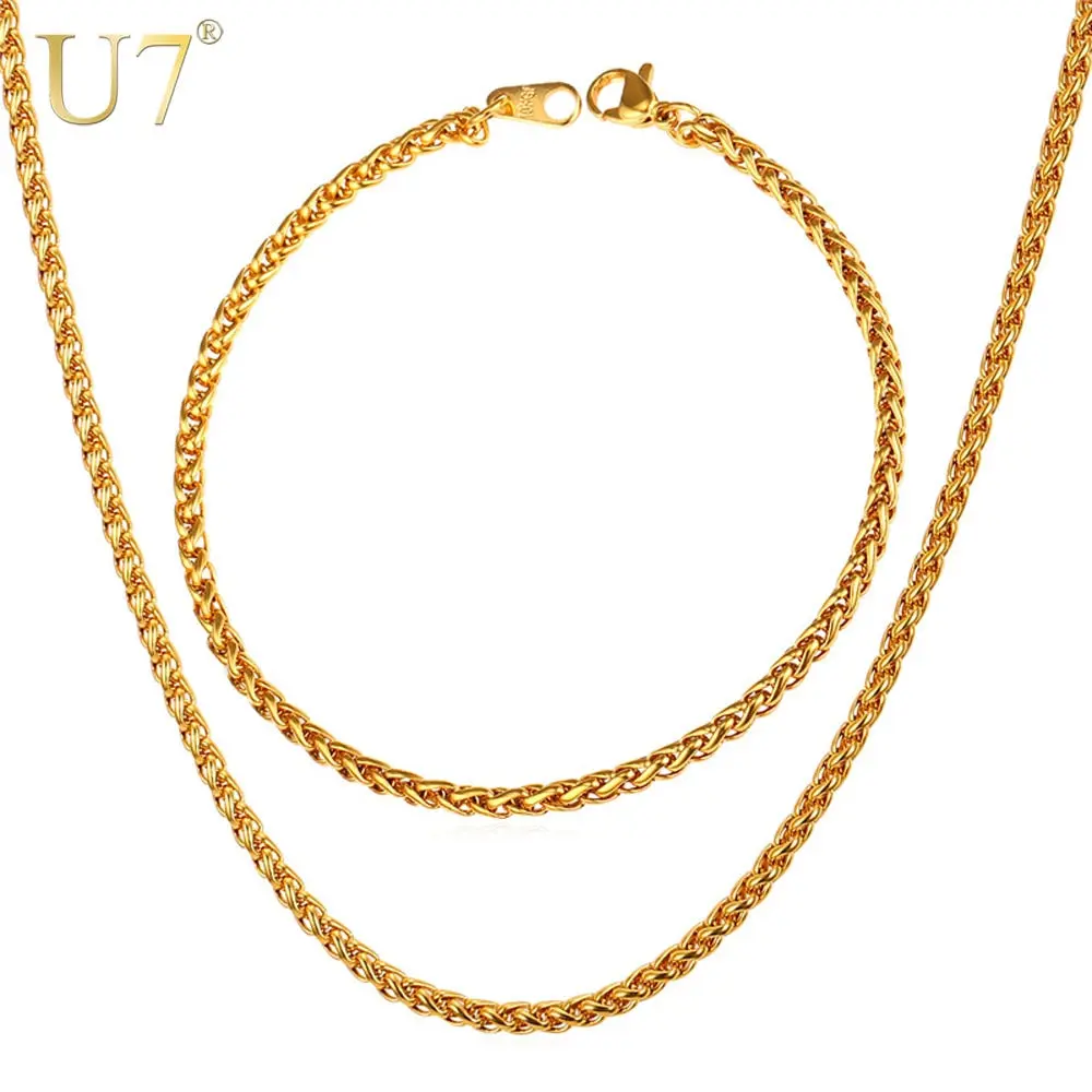 Trendy Wheat Chain Necklace/Bracelet Set for Men and Boys in Gold/Silver/Black