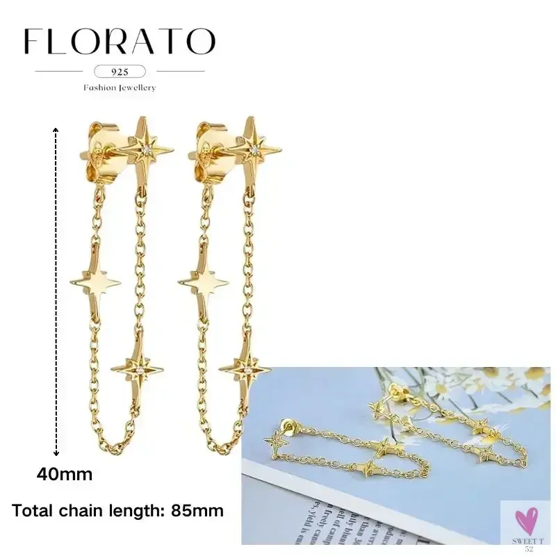 925 Sterling Silver Long Chain Tassel Drop Earrings for Women - Crystal Zircon Star Perforation Earrings, Fine Jewelry