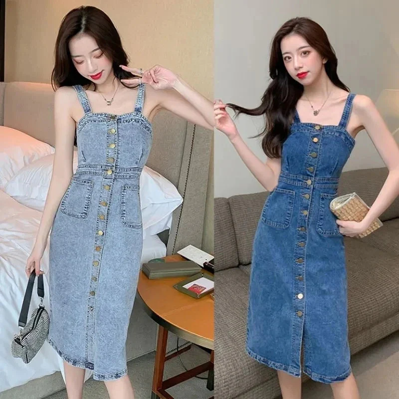 Denim Dress Women 2025 Summer. New Retro Casual All-match Denim Slip Dresses, Female, Single Breasted Long Suspender Skirt