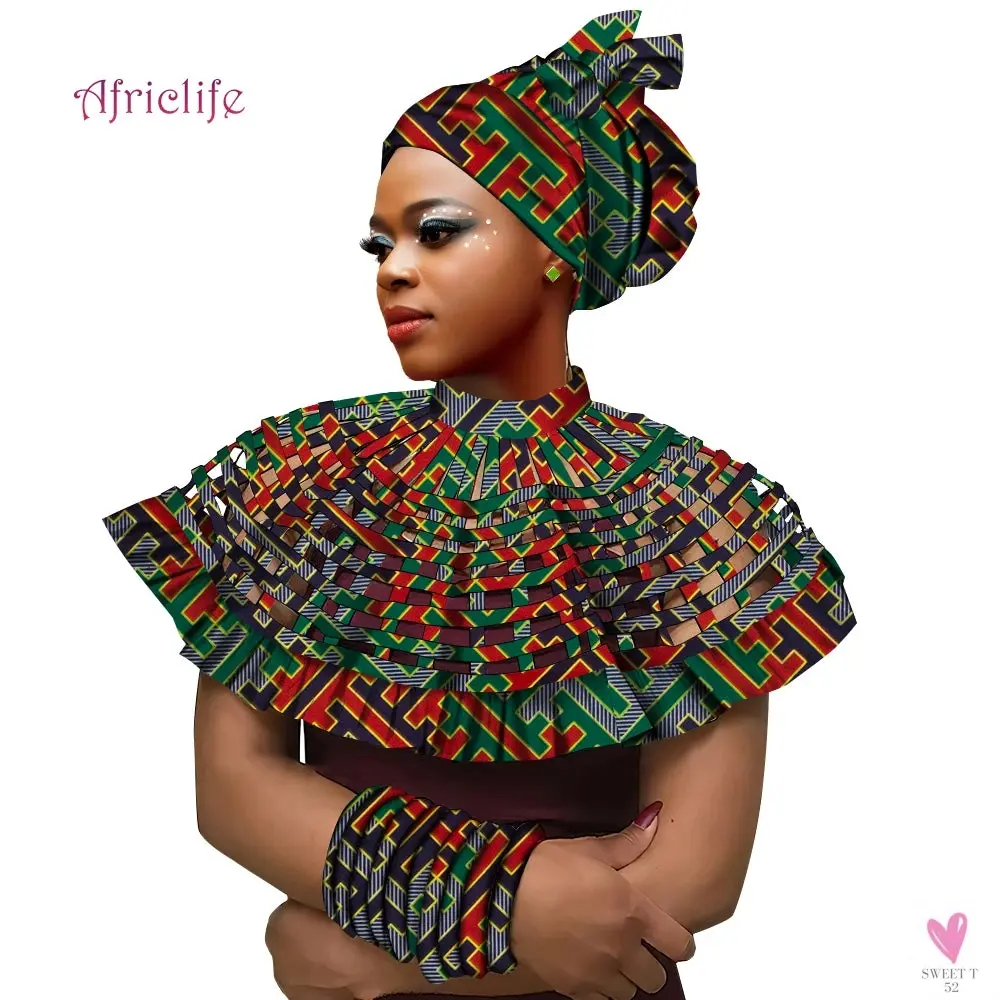 African Ankara Shawl Collar for Women & Girls - Multi Strand Net Necklace, 1 Headband and 10 Bracelets