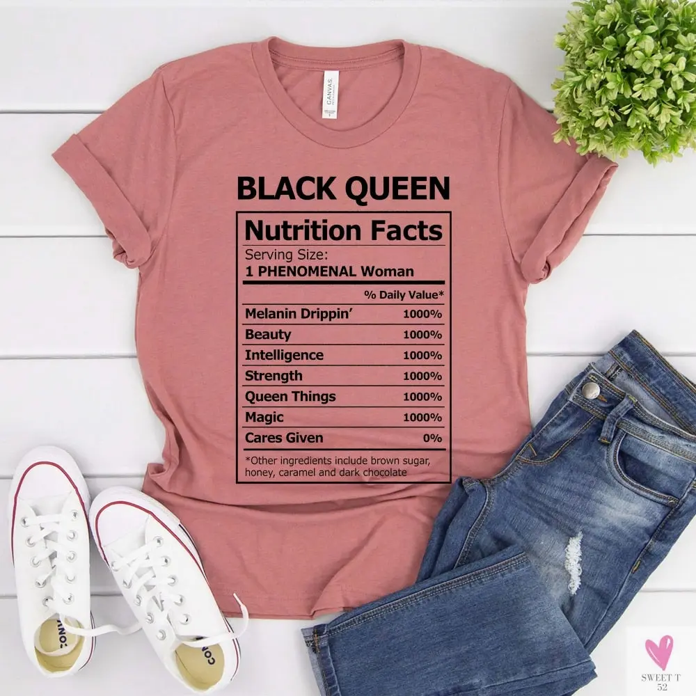 Black Queen Nutritional Facts T-Shirt for Women & Girls, Graphic Melanin T-Shirts