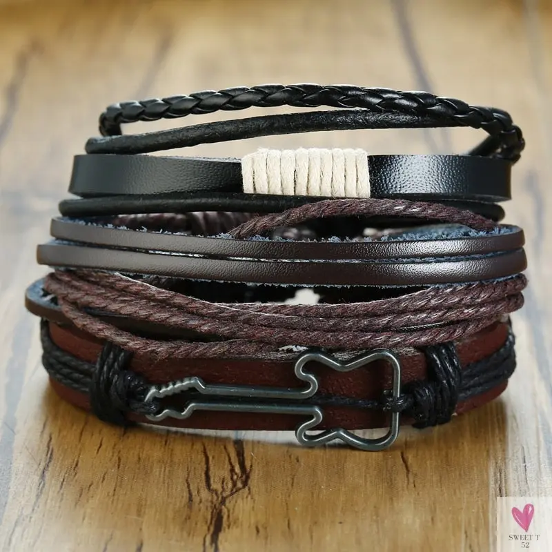 4 Pcs Adjustable Leather Braided/Wrap Bracelet Sets for Men & Boys. Elastic Stretch Charm Bracelets
