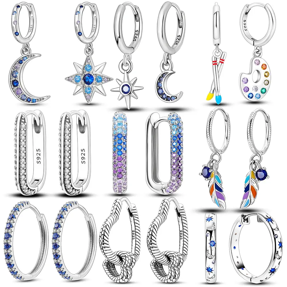 925 Sterling Silver Sparkling Heart/Star/Moon Feather Fashion. Colorful Earrings, Hoop Jewelry for Women & Girls