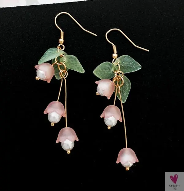 Lily Flower Drop/Dangle Earrings for Women and Girls in White and Pink - Gold Plated Earrings