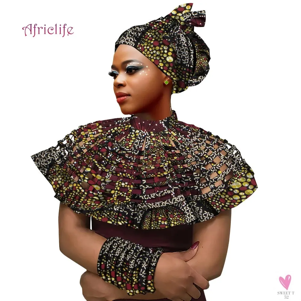 African Ankara Shawl Collar for Women & Girls - Multi Strand Net Necklace, 1 Headband and 10 Bracelets