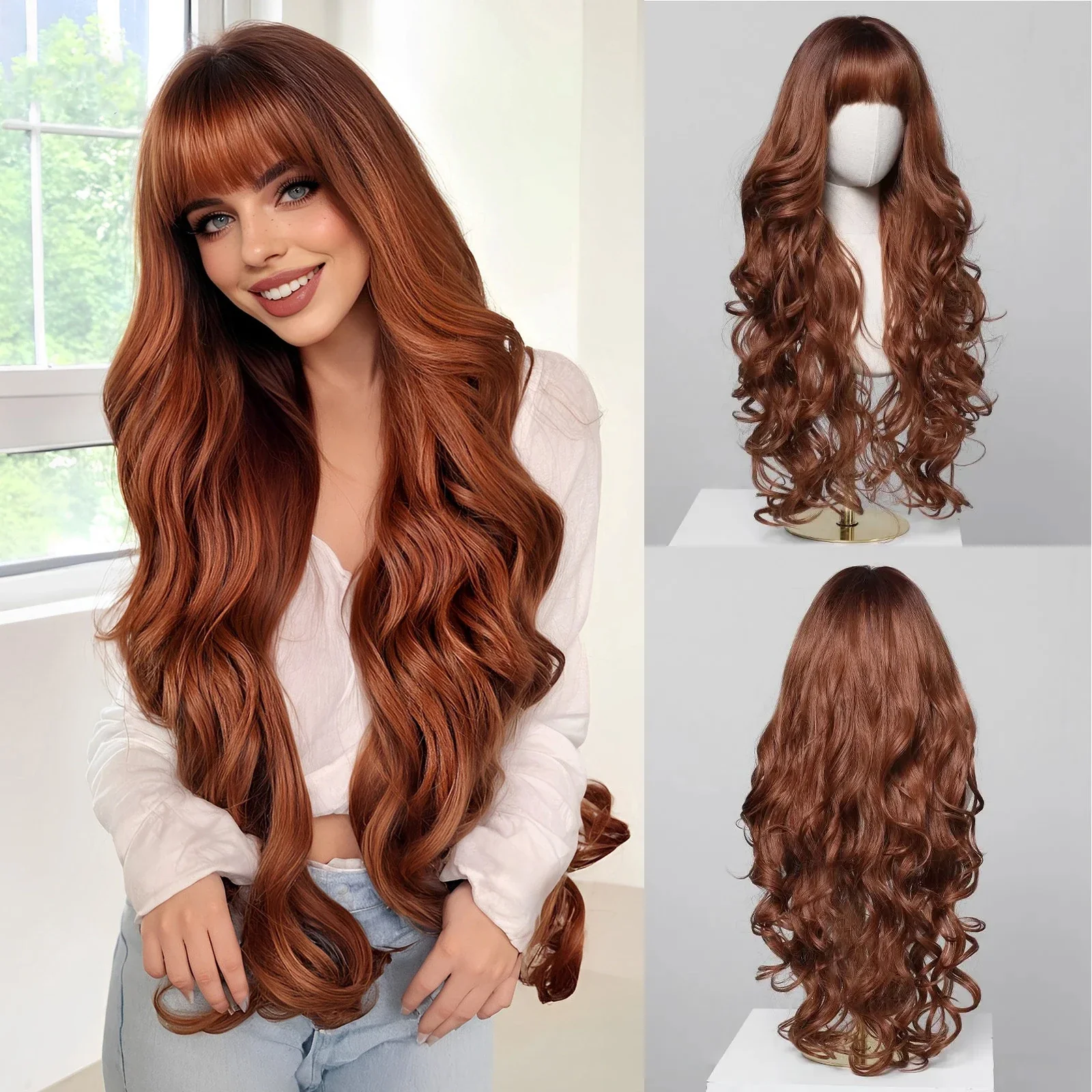 Long Wavy Synthetic Wigs, Long Wavy Ombre Wigs with Bangs for Women, Heat Resistant