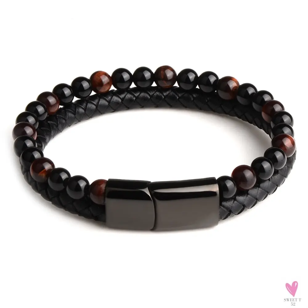 Round/Natural Stone/Genuine Leather/Tiger Eye Beads Bracelet for Men and Women with Magnetic Stainless Steel Clasp