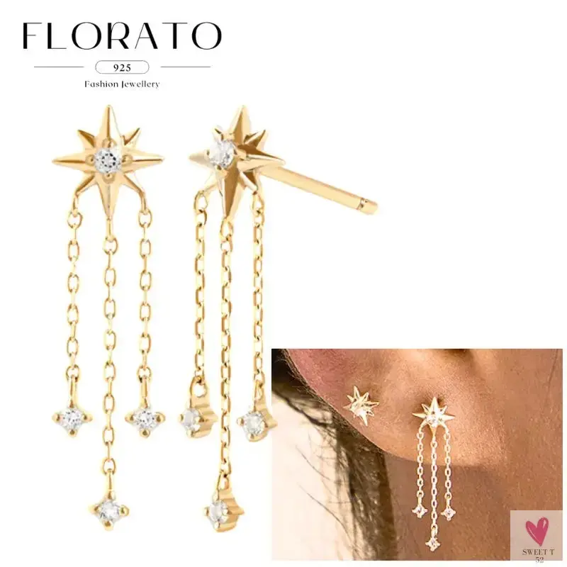 925 Sterling Silver Long Chain Tassel Drop Earrings for Women - Crystal Zircon Star Perforation Earrings, Fine Jewelry