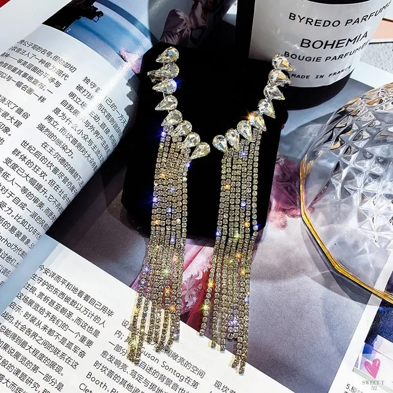 Long Tassel Rhinestone/Crystal Drop/Dangle Earrings for Women and Girls in Gold and Silver - Fashion Jewelry