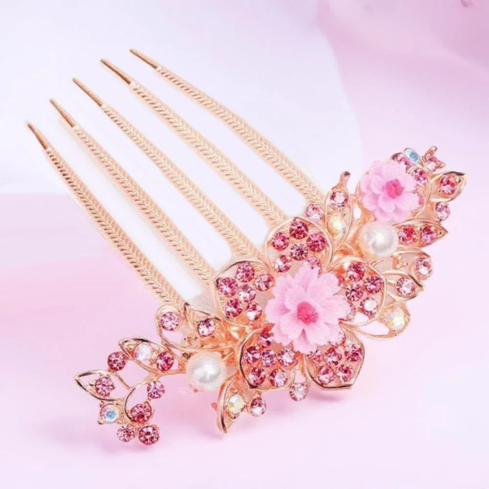 Multicolor Rhinestone Flower Hair Comb - Elegant Five-Tooth Hair Clip Accessory for Women