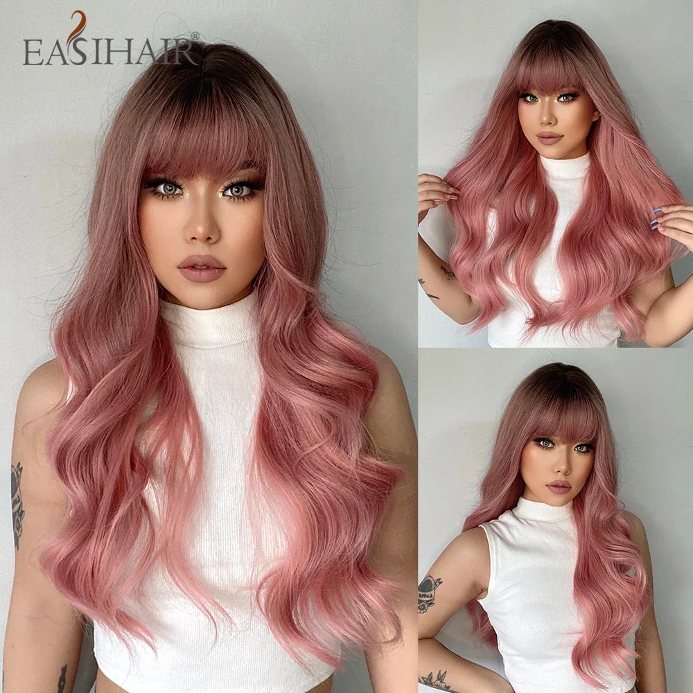 Long Wavy Synthetic Wigs, Long Wavy Ombre Wigs with Bangs for Women, Heat Resistant
