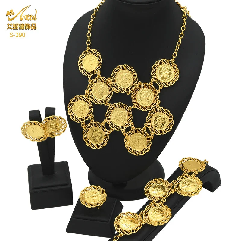 Ethiopian 24K Gold Color Coins Jewelry Set - African/Hawaiian Luxury Necklace, Bracelet, Pendant Set, Dubai Wedding Gifts