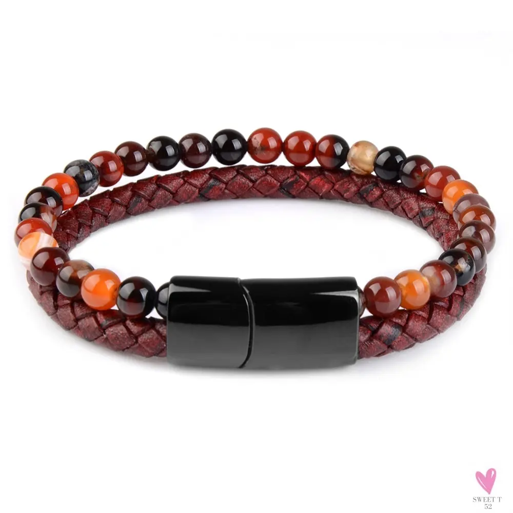 Round/Natural Stone/Genuine Leather/Tiger Eye Beads Bracelet for Men and Women with Magnetic Stainless Steel Clasp