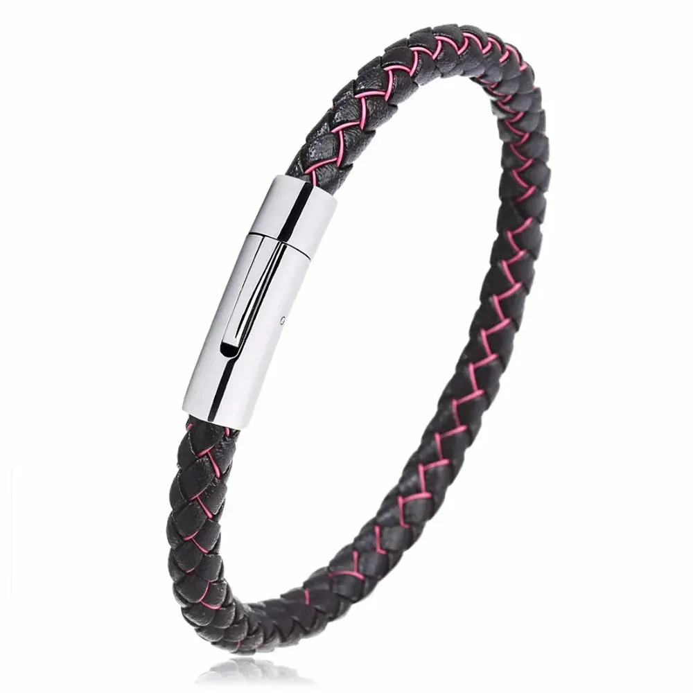 Men's Multicolor Stainless Steel Button Leather Bracelet - Braided Leather, Magnetic Clasp. Chain Link Type.
