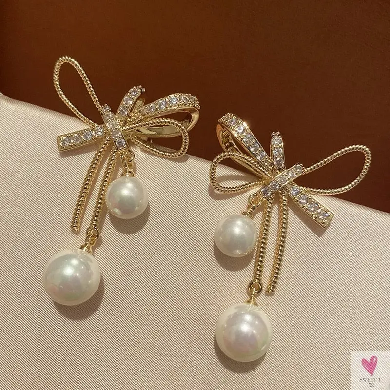 Bowknot/Pearl Dangle/Drop Earrings for Women and Girls, Simple Elegant Jewelry in Army Green Zinc Metal Color