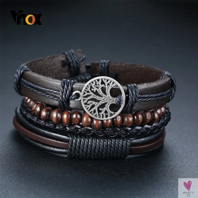 4 Pcs Adjustable Leather Braided/Wrap Bracelet Sets for Men & Boys. Elastic Stretch Charm Bracelets