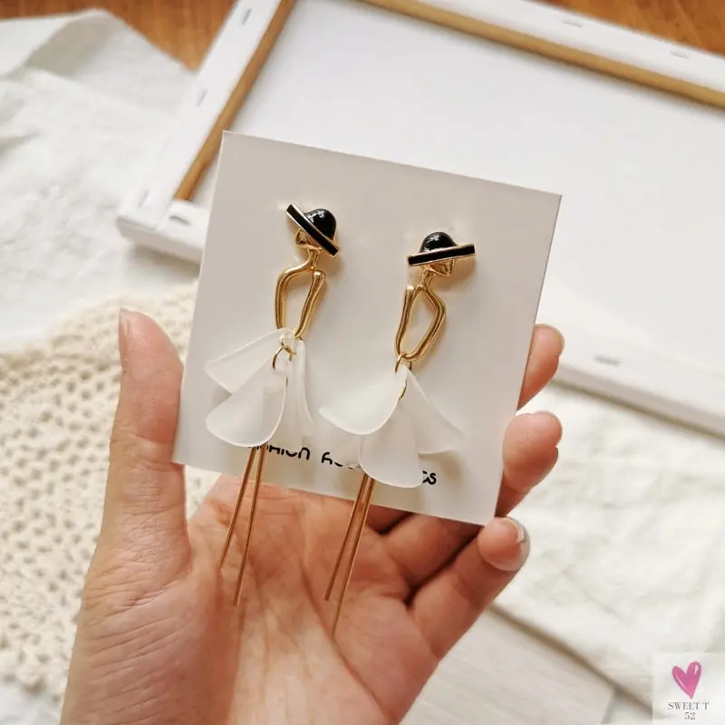 Handmade Long Acrylic Drop/Dangle Earrings for Women and Girls - All in White (Gold Plated)