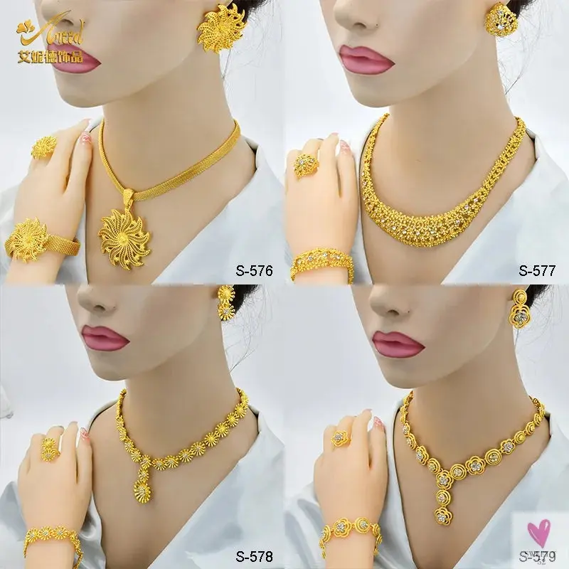 Arabic Dubai Jewelry Sets for Women & Girls - Earrings, Necklace, Bracelet & Ring. African Gold Color Necklace Sets