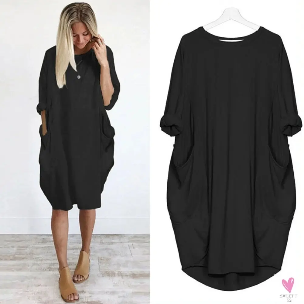 Women's Casual Loose Dress Fashion. Oversize Wear, O-neck & Pockets for Spring, Summer and Fall