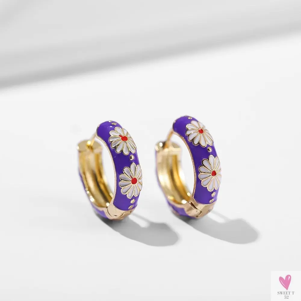 Vintage Enameled Flower Small Hoop Earrings - Trendy Geometric Statement, Round Circular Huggie Earrings for Women and Girls