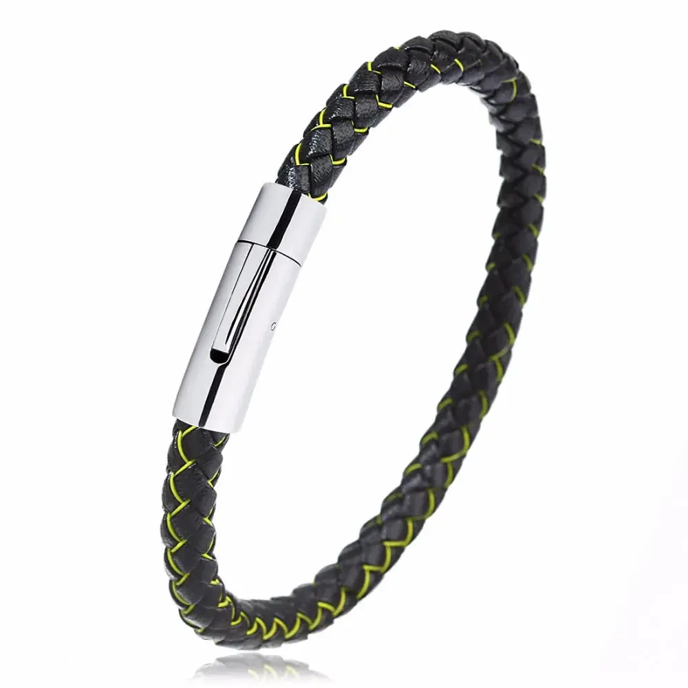 Men's Multicolor Stainless Steel Button Leather Bracelet - Braided Leather, Magnetic Clasp. Chain Link Type.