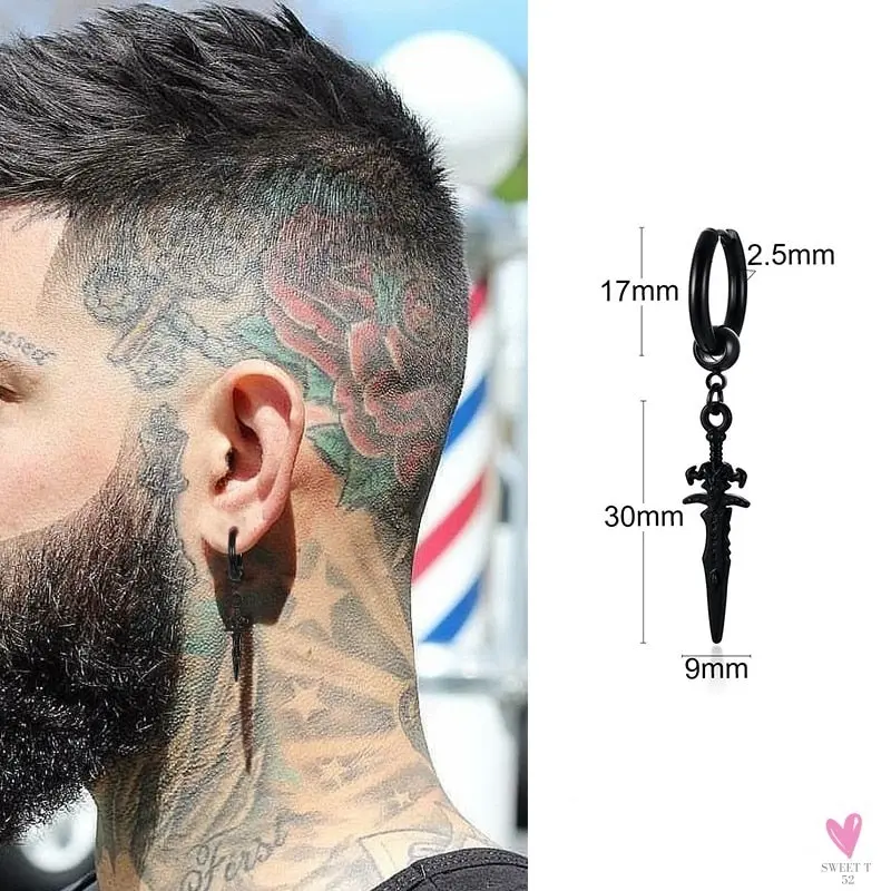 Cool Single Silver Stainless Steel Hoop Dagger Earring for Men & Boys