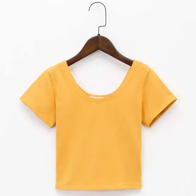 Women's U-Neck Crop Top T-Shirt in Solid Colors With Spandex