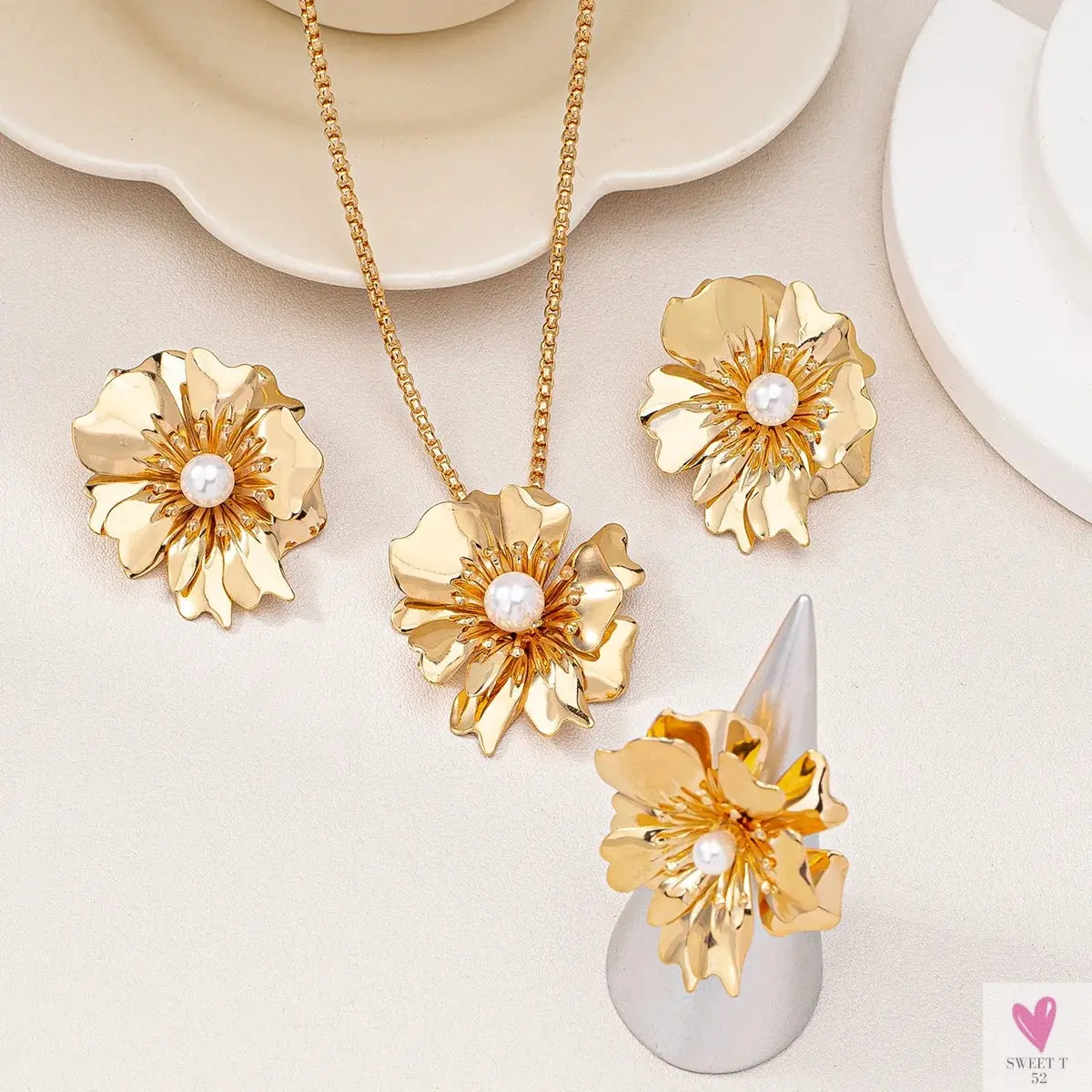 Flower Jewelry Set, Gold Metal/Pearl/Petal Pendant Necklace, Earrings & Ring for Women