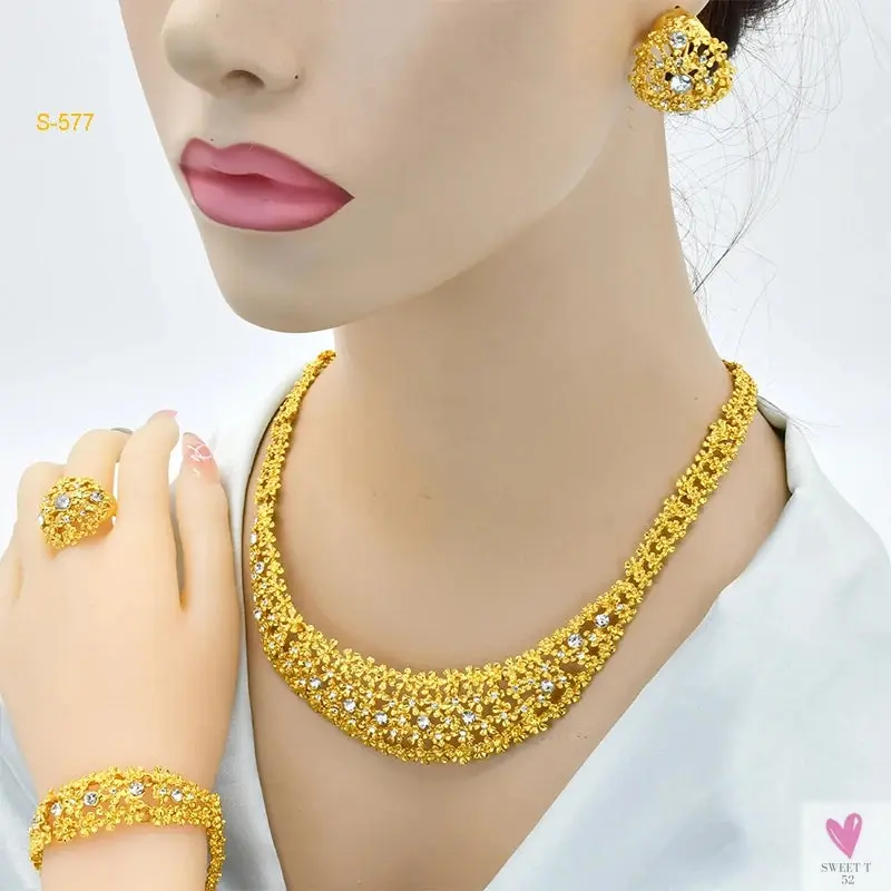 Arabic Dubai Jewelry Sets for Women & Girls - Earrings, Necklace, Bracelet & Ring. African Gold Color Necklace Sets