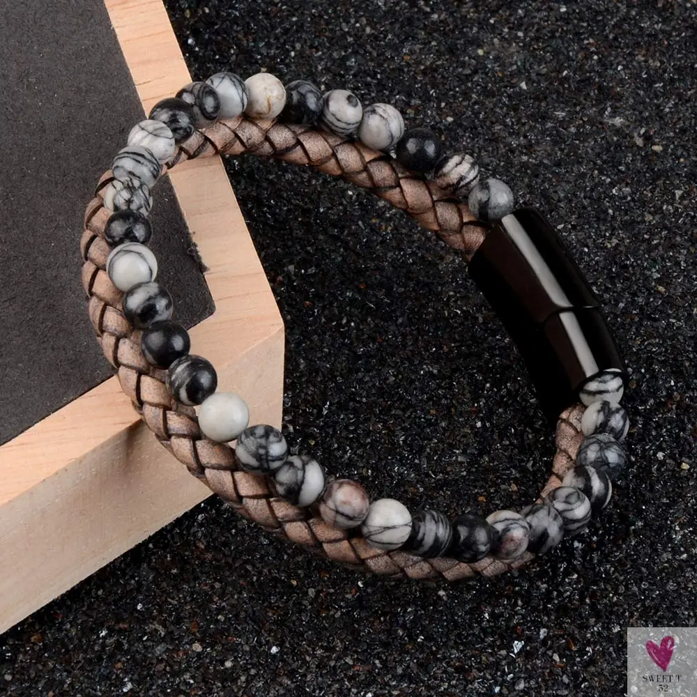 Round/Natural Stone/Genuine Leather/Tiger Eye Beads Bracelet for Men and Women with Magnetic Stainless Steel Clasp