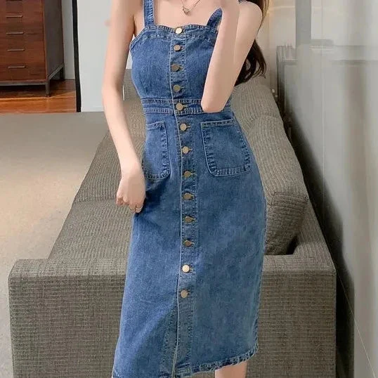 Denim Dress Women 2025 Summer. New Retro Casual All-match Denim Slip Dresses, Female, Single Breasted Long Suspender Skirt