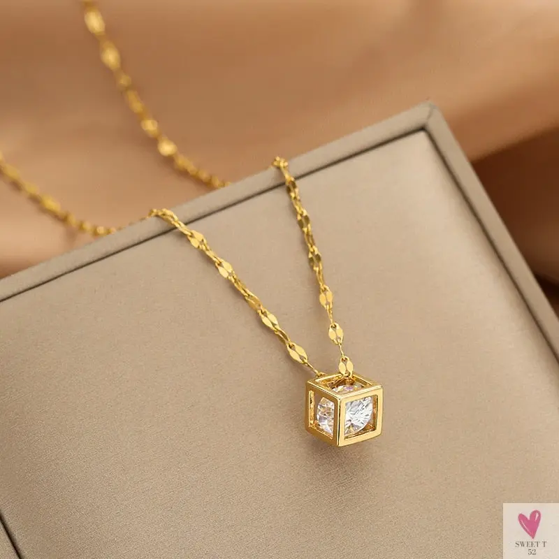 Gold Color Necklace for Women & Girls - Zircon Jewelry Pendant Necklace in Stainless Steel, Many Designs