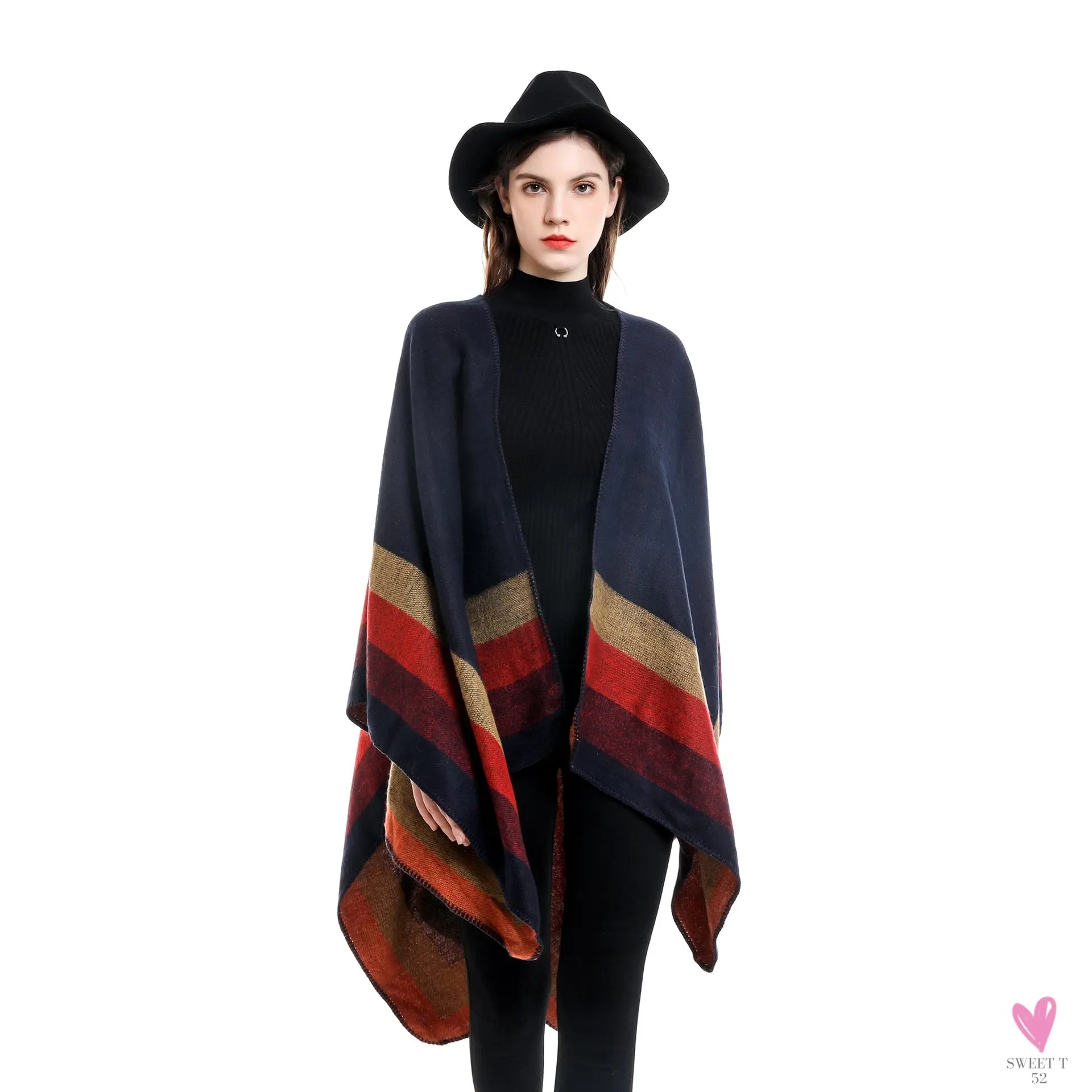 Women's Cashmere Feel Lady Shawl - Classic Striped Vintage Cape - Retro Cardigan/Cloak