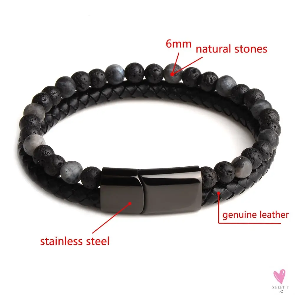 Round/Natural Stone/Genuine Leather/Tiger Eye Beads Bracelet for Men and Women with Magnetic Stainless Steel Clasp