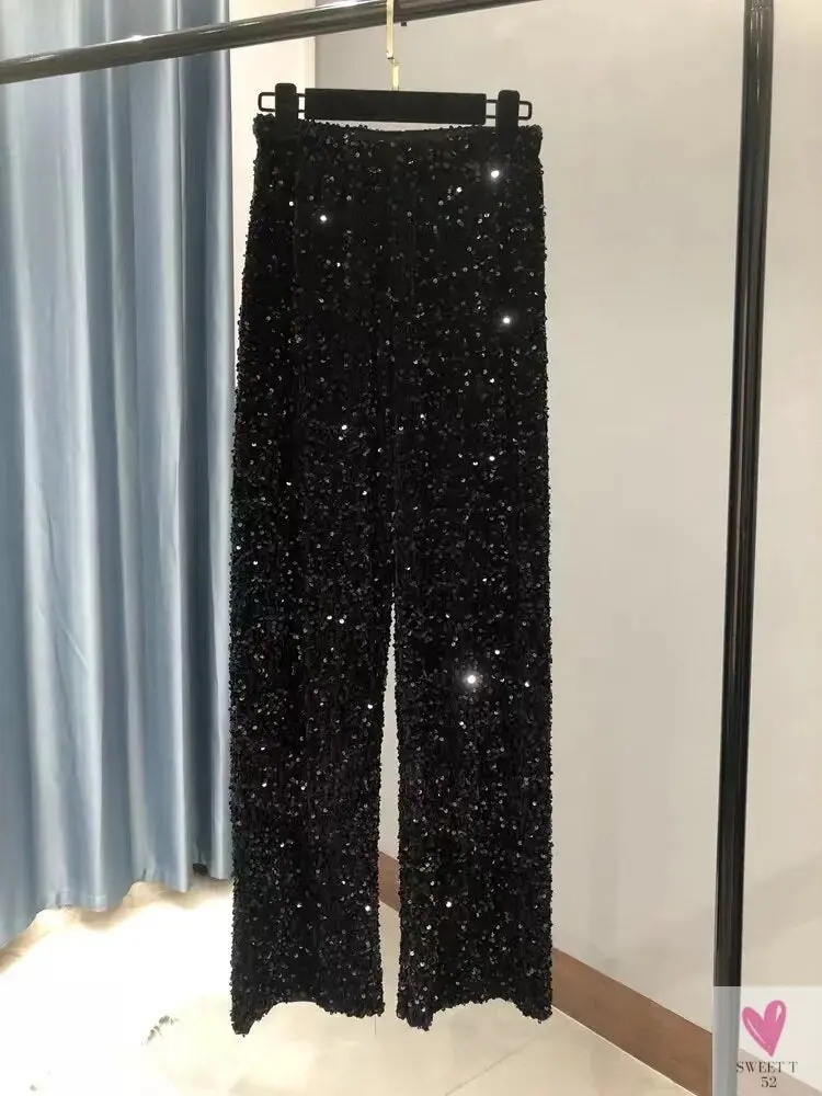 Sequined Wide Leg Trousers - Shiny Full Length Straight Women's Elastic Waist, High Street 2023 Fashions