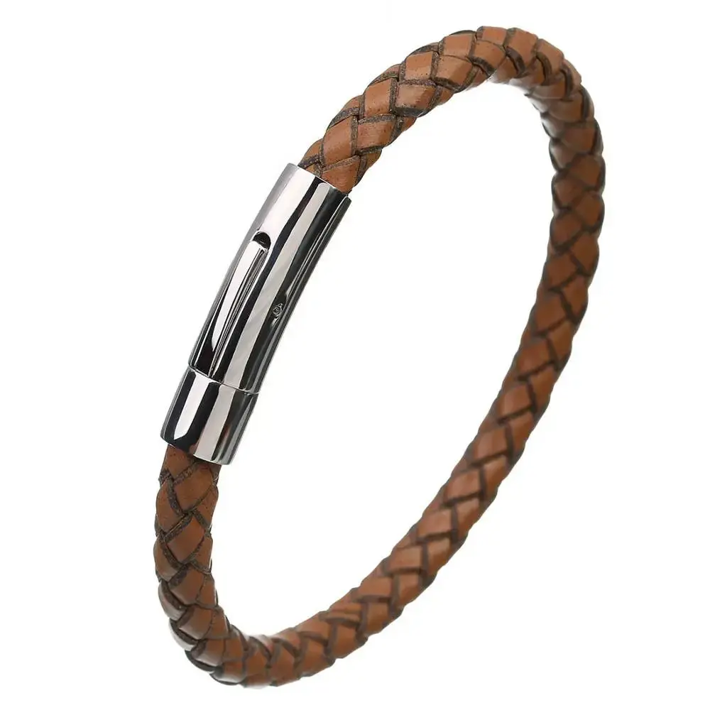 Men's Multicolor Stainless Steel Button Leather Bracelet - Braided Leather, Magnetic Clasp. Chain Link Type.
