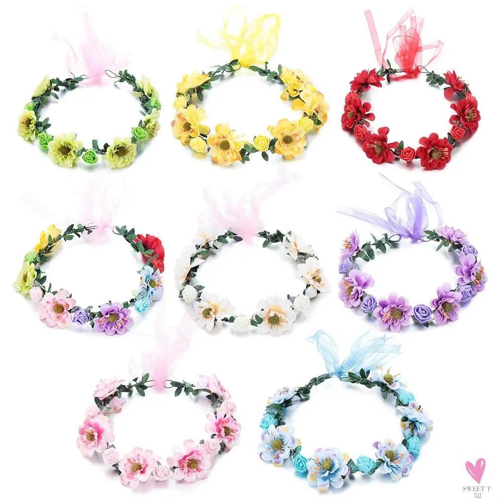 Rustic Wedding/Bridesmaid Hair Accessories - 1 pc Women's Floral Wreath, Pink Rose Flower Garland Headpiece with Adjustable Ribbon