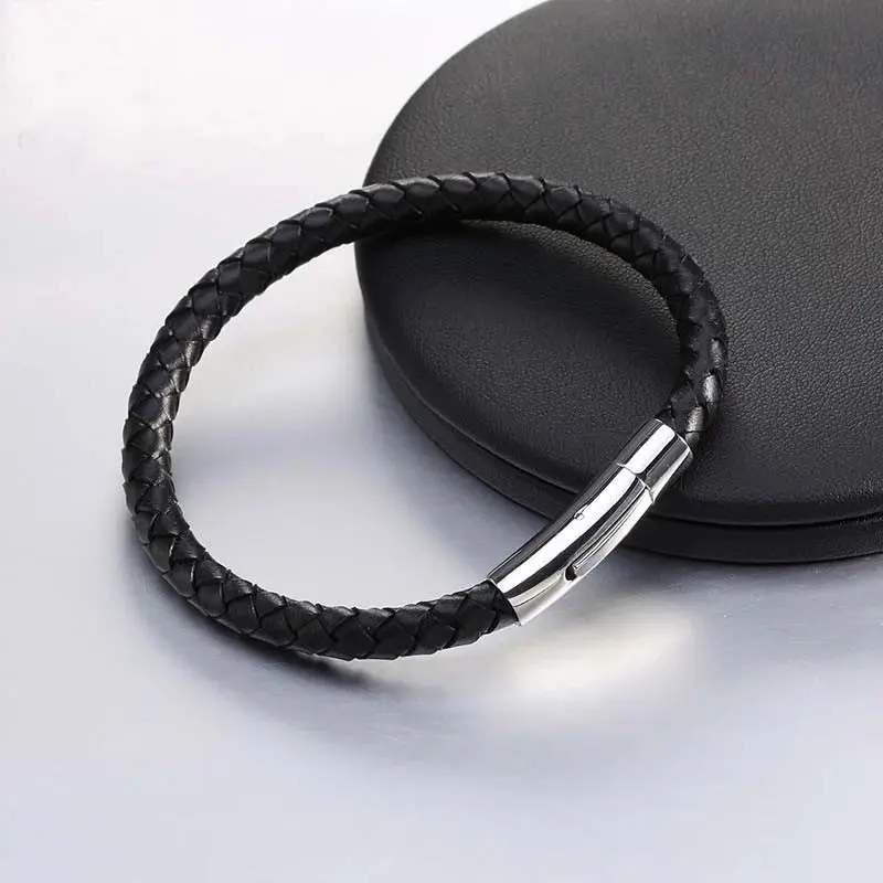 Men's Multicolor Stainless Steel Button Leather Bracelet - Braided Leather, Magnetic Clasp. Chain Link Type.
