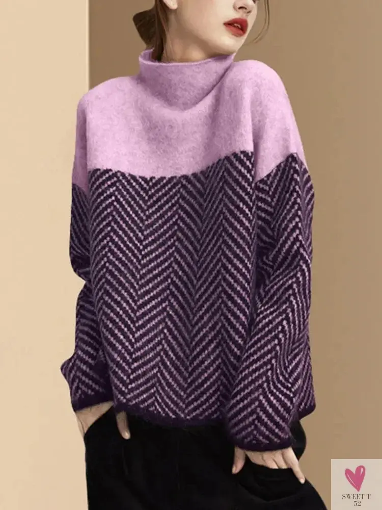 Spliced Half High Collar Loose Pullovers for Women & Girls. Soft Thick Warm Sweaters for Autumn and Winter