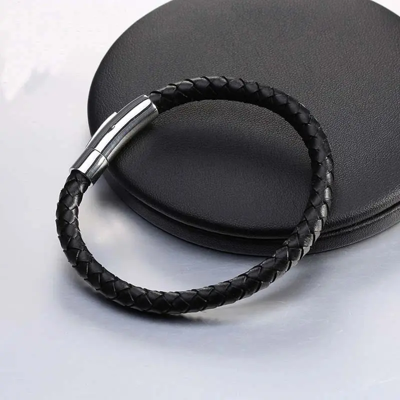 Men's Multicolor Stainless Steel Button Leather Bracelet - Braided Leather, Magnetic Clasp. Chain Link Type.