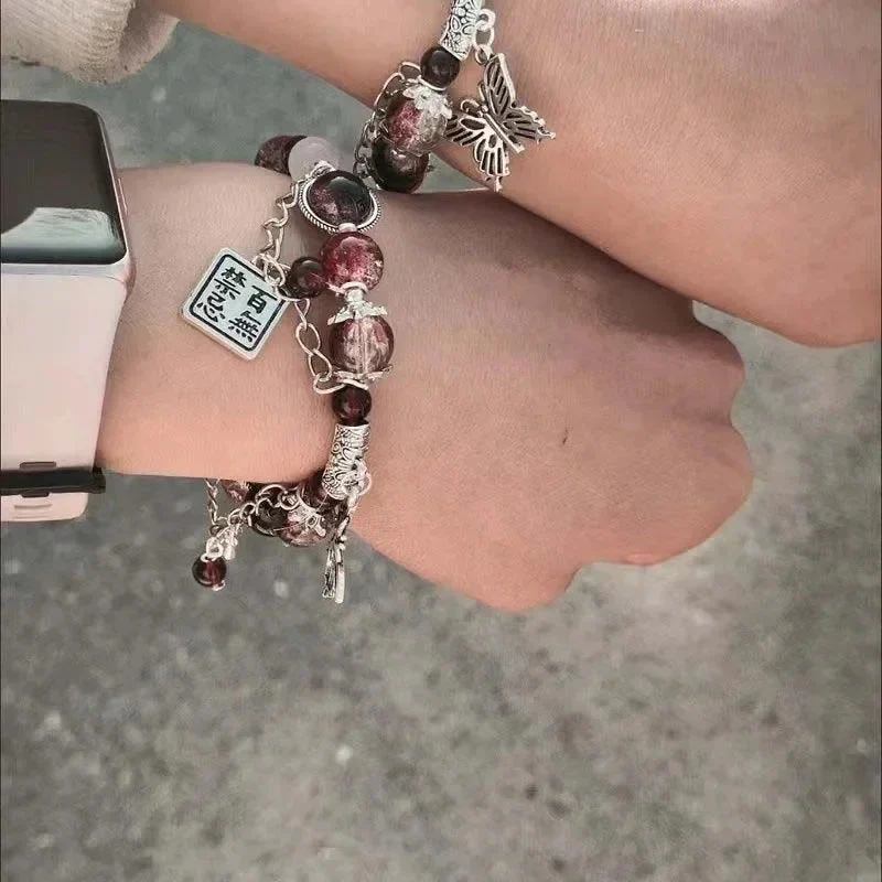 2025 New Trendy Red Beaded Chain Bracelet for Women. Simple Hollow Butterfly Pendant Bracelet Jewelry