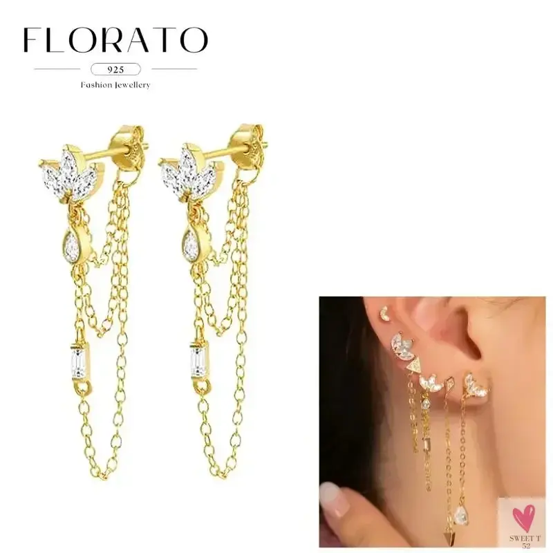 925 Sterling Silver Long Chain Tassel Drop Earrings for Women - Crystal Zircon Star Perforation Earrings, Fine Jewelry