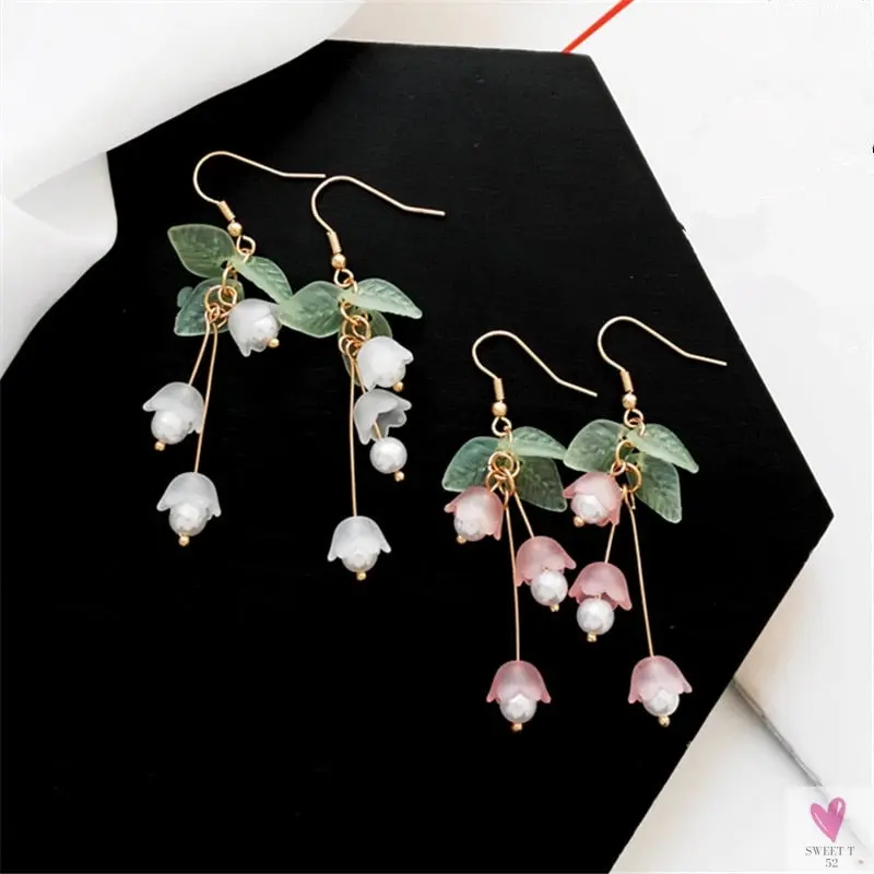 Lily Flower Drop/Dangle Earrings for Women and Girls in White and Pink - Gold Plated Earrings