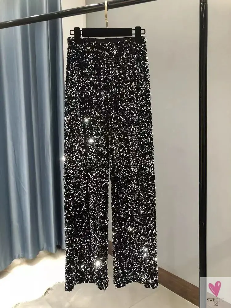 Sequined Wide Leg Trousers - Shiny Full Length Straight Women's Elastic Waist, High Street 2023 Fashions